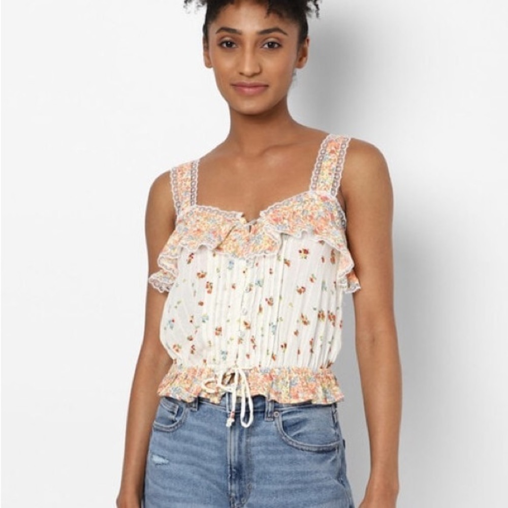 AMERICAN EAGLE Floral Print Loose Fit Top cream XL - Picture 2 of 7